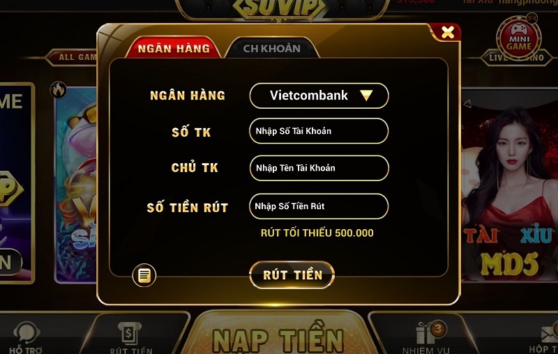 Thao tác nạp rút tiền tại cổng game Suvip được diễn ra nhanh chóng